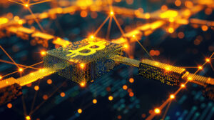 Representação de criptomoedas com símbolo do Bitcoin e elementos de blockchain.