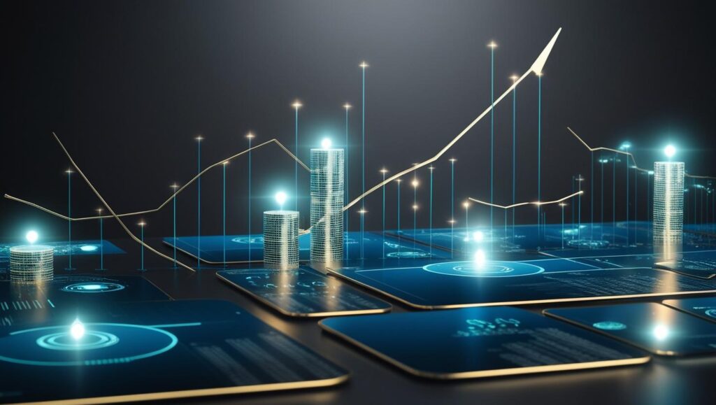 Representação de criptomoedas com símbolo do Bitcoin e elementos de blockchain.