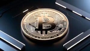 Representação de criptomoedas com símbolo do Bitcoin e elementos de blockchain.